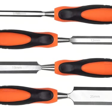 Set of four professional woodworking chisels with orange ergonomic handles in sizes 6mm to 25mm.