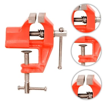 Red metal bench vise tool with clamp base and adjustable jaws for woodworking and jewelry tasks.