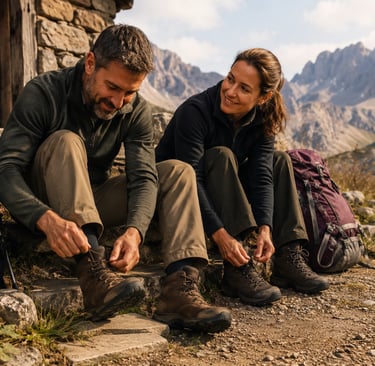 A couple tying their leather hiking boots while resting on stone steps during a mountain trek.