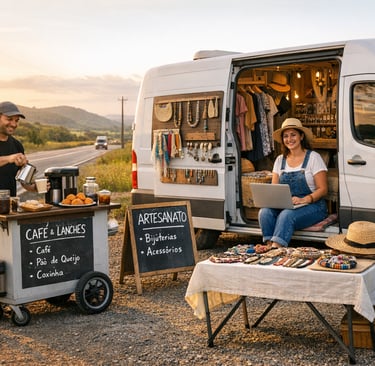 Mobile pop-up shop with handmade jewelry and coffee stand roadside at sunset.