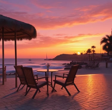 a table with chairs and umbrellas on a brick patio