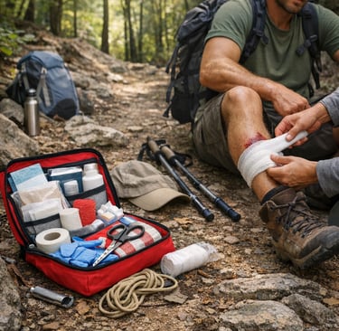 A hiker uses a first aid kit to bandage a leg injury on a rocky forest trail.