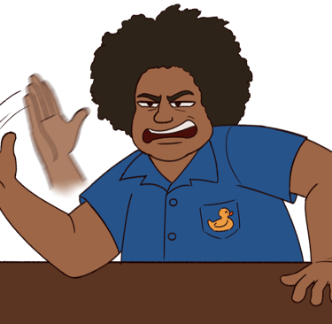 A drawing of David on a rant, eyes squinted, gesticulating with a knife hand