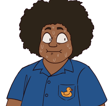 A drawing of David looking to one side, eyes wide and nervously sweating
