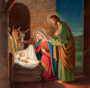María y José con el niño Dios en el pesebre en la Página de voces de amor y vida