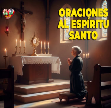 Una señora ante el Santísimo en oraciones al espíritu Santo sección de la página Voces de amor y vida