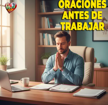 Un hombre en la oficina en oraciones antes de trabajar sección de la página Voces de amor y vida