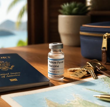 Yellow fever vaccine vial on a desk with a US passport and travel map for international trip planning.