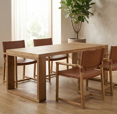 a dining room with a wooden table and chairs