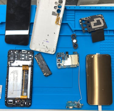 Phone repairs on a blue surface