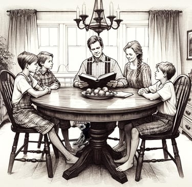 a family gathering around a table with a dog