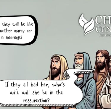 a cartoon of Jesus explaining to the Sadducees that angels by nature do not marry.