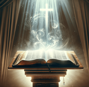 Open Bible on wooden pulpit illuminated by soft light with cross silhouette in background.