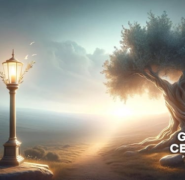 a lamp post with a tree and a light post with the words,'the