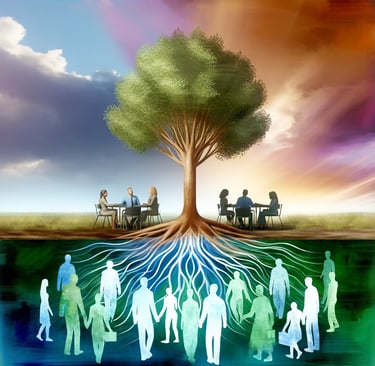 a group of people standing around a tree