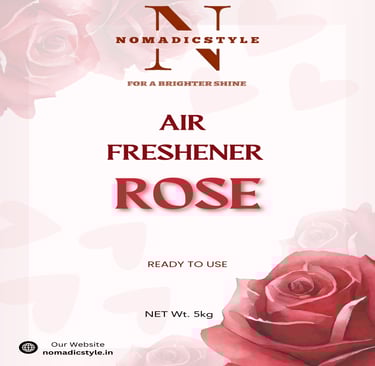 Nomadic Style Rose Air Freshener bottle label featuring a prominent red rose and a subtle heart 