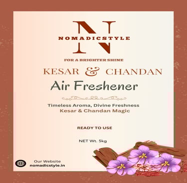 Nomadic Style Kesar and Chandan Air Freshener bottle label with saffron flowers and sandalwood stick