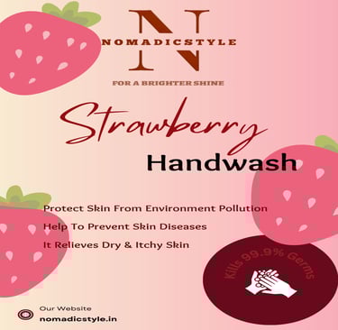 Strawberry Handwash bottle label with large strawberry illustrations on a pink background and the te
