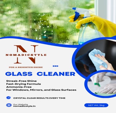 Glass Cleaner bottle label, with a person spraying and cleaning a window and another person wiping a