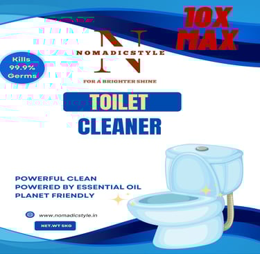 Toilet Cleaner bottle label, showing a blue and white toilet bowl and the text 'Kills 99.9% Germs