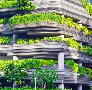 a building with a bunch of plants growing on the side of it