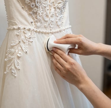 A technician delicately treating a stubborn stain on a vintage bridal gown.