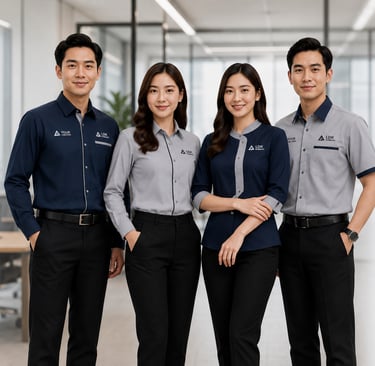Professional office team wearing custom embroidered corporate uniforms in navy blue and grey.