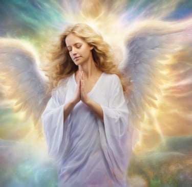 un ange prie avec une aura doré qui rayonne