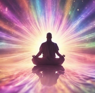 Un homme médite en position du lotus face à une lumière rayonnante multicolore