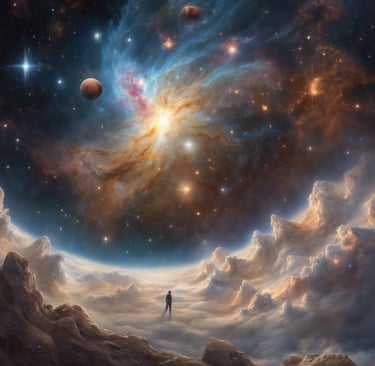 Un homme se tient debout au sommet d'une montagne avec vue sur une galaxie