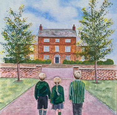 Watercolour of three children standing in front of a house