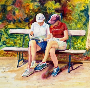 Watercolour of two lady golfers checking scorecard sat on a bench
