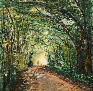 Oil pastel of a person walking down Lamberts lane tree lined bridleway