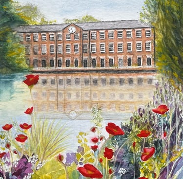 Watercolour of a Mill and pond with flowers in the foreground