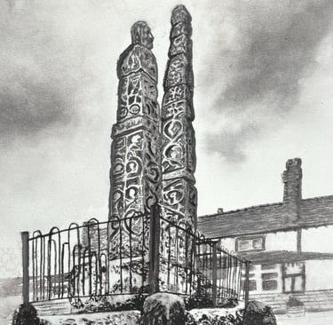 Watercolour of the ancient crosses at Sandbach