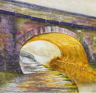 Watercolour of Snaily Bridge in Congleton with sunset reflecting off icy canal