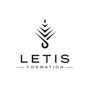 Minimalist black Letis Formation logo featuring a geometric stylized leaf and drop icon.