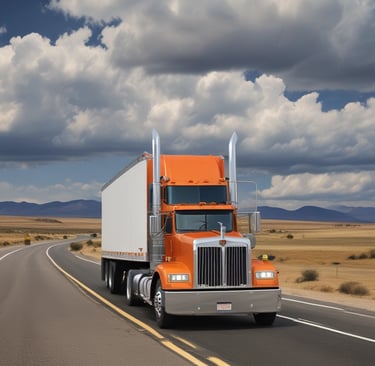 An orange Isuzu truck with a large container on its back is driving on a highway. The truck has signage indicating 'K.B Logistics' and contains decorative elements on the front. The container is mostly blue with white text and appears to be used for transporting goods. The highway is surrounded by greenery, with trees and bushes visible in the background. It's a bright day with clear visibility.