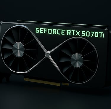 RTX 5070 Ti with silver X-frame and green lighting