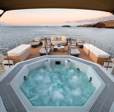 Outdoors area and interior of a luxury Galapagos yacht designed for private charters