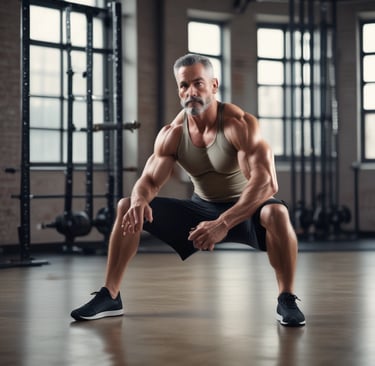 Man over 40 performing hip mobility exercises in a gym to improve strength and reduce injury risk.