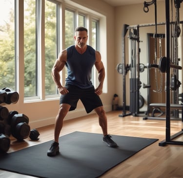 Fit man over 40 stretching in a home gym — mobility routine supporting strength, recovery, and longe