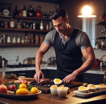Man over 40 in modern kitchen preparing healthy food on a table. 