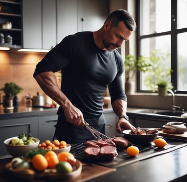 Fit man in his 40s cooking steak and eggs in a modern kitchen with masculine lighting, dark tones, s