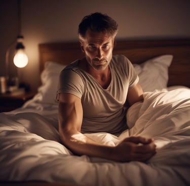 Man in his 40s waking up hot in bed due to overheating and poor sleep regulation.