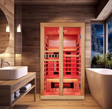 Modern infrared sauna in a home bathroom setup, used for recovery, detox, stress reduction, and impr