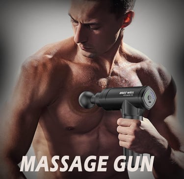 Man using a handheld percussion massage gun on his chest to relieve muscle tension and boost recover