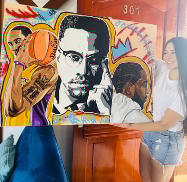 Pintora colombiana con estilo urbano sobre lienzo y en murales. Cuadro afro con estilo graffiti.