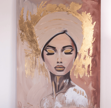 Pintura en lienzo hecha a mano, retrato con turbante y acabados en oro, arte único para decoración.