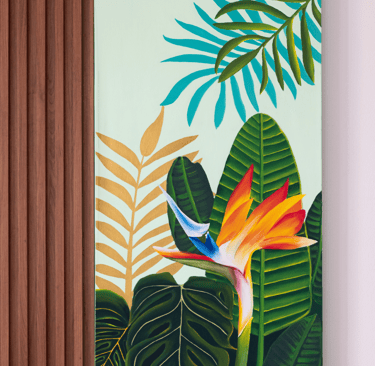 Lienzo decorativo personalizado, arte en acrílico con detalles botánicos tropicales para el hogar.